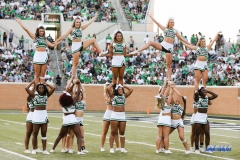 DENTON, TX - SEPTEMBER 23: UNT CHEERLEADERS DURING A BREAK IN THE GAME BETWEEN THE UNT MEAN GREEN AND UAB BLAZERS ON SEPTEMBER 23, 2017, AT APOGEE STADUIM IN DENTON, TEXAS. (PHOTO BY MARK WOODS/DFWSPORTSONLINE)