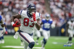 HOUSTON, TX - SEPTEMBER 23: Houston Texans tight end Jordan Thomas (83) runs to the end zone for a touchdown during the game between the Houston Texans and New York Giants on September 23, 2018, at NRG Stadium in Houston, TX. (Photo by George Walker/DFWsportsonline)