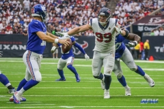 HOUSTON, TX - SEPTEMBER 23: Houston Texans defensive end J.J. Watt (99) pressures New York Giants quarterback Eli Manning (10) during the game between the Houston Texans and New York Giants on September 23, 2018, at NRG Stadium in Houston, TX. (Photo by George Walker/DFWsportsonline)