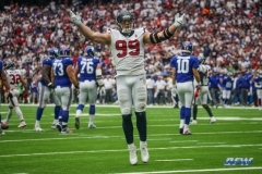 HOUSTON, TX - SEPTEMBER 23: Houston Texans defensive end J.J. Watt (99) celebrates a sack during the game between the Houston Texans and New York Giants on September 23, 2018, at NRG Stadium in Houston, TX. (Photo by George Walker/DFWsportsonline)