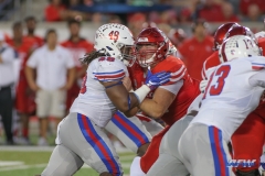 HOUSTON, CA - OCTOBER 07: Southern Methodist Mustangs linebacker Anthony Rhone (48) during the game between SMU and Houston on October 7, 2017, at TDECU Stadium in Houston, TX. (Photo by George Walker/DFWsportsonline)