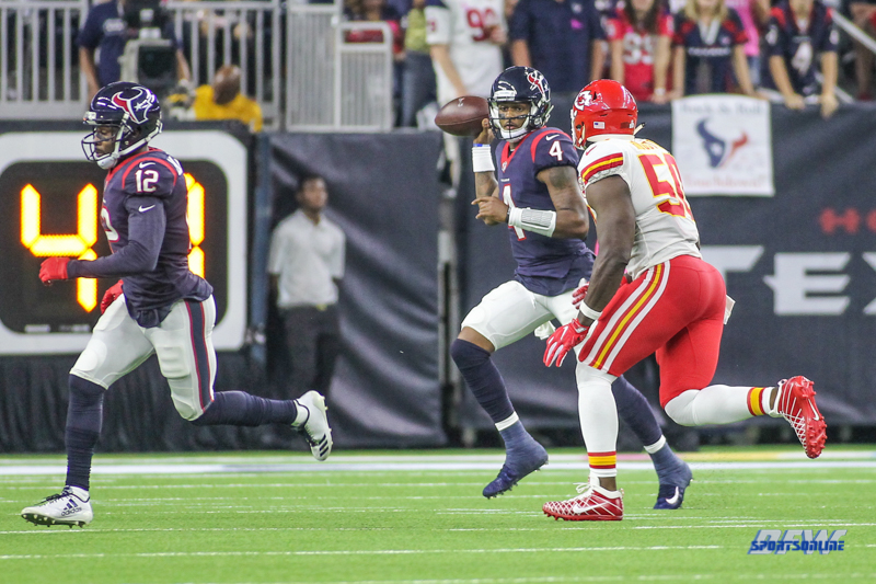 HOUSTON, TX - OCTOBER 08: Houston Texans quarterback Deshaun Watson (4) looks for a receiver during the game between the Houston Texans and Kansas City Chiefs on October 8, 2017, at NRG Stadium in Houston, TX. (Photo by George Walker/DFWsportsonline)