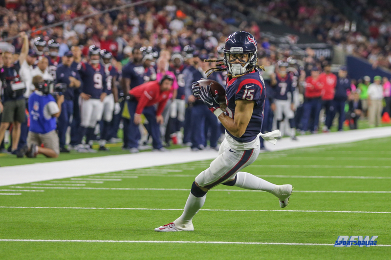 HOUSTON, TX - OCTOBER 08: Houston Texans wide receiver Will Fuller (15) runs to the end zone during the game between the Houston Texans and Kansas City Chiefs on October 8, 2017, at NRG Stadium in Houston, TX. (Photo by George Walker/DFWsportsonline)
