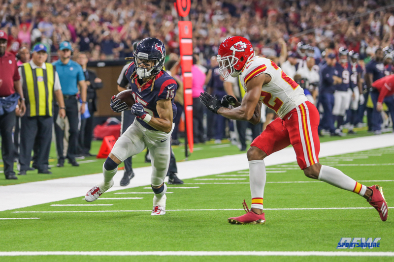 HOUSTON, TX - OCTOBER 08: Houston Texans wide receiver Will Fuller (15) runs to the end zone during the game between the Houston Texans and Kansas City Chiefs on October 8, 2017, at NRG Stadium in Houston, TX. (Photo by George Walker/DFWsportsonline)