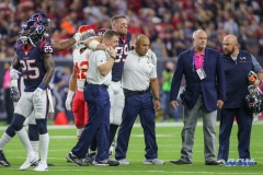 HOUSTON, TX - OCTOBER 08: Houston Texans defensive end J.J. Watt (99) is helped off the field during the game between the Houston Texans and Kansas City Chiefs on October 8, 2017, at NRG Stadium in Houston, TX. (Photo by George Walker/DFWsportsonline)
