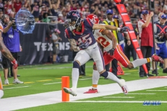 HOUSTON, TX - OCTOBER 08: Houston Texans wide receiver Will Fuller (15) scores a touchdown during the game between the Houston Texans and Kansas City Chiefs on October 8, 2017, at NRG Stadium in Houston, TX. (Photo by George Walker/DFWsportsonline)