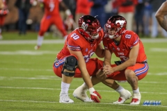 DALLAS, TX - OCTOBER 27: Southern Methodist Mustangs offensive lineman Will Hopkins (60) and Southern Methodist Mustangs quarterback Ben Hicks (8) wait on time to expire during the game between SMU and Tulsa on October 27, 2017, at Gerald J. Ford Stadium in Dallas, TX. (Photo by George Walker/DFWsportsonline)