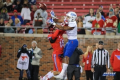 DALLAS, TX - OCTOBER 27: Tulsa Golden Hurricane wide receiver Josh Stewart (1) goes up for a catch against Southern Methodist Mustangs defensive back Jordan Wyatt (15) during the game between SMU and Tulsa on October 27, 2017, at Gerald J. Ford Stadium in Dallas, TX. (Photo by George Walker/Icon Sportswire)
