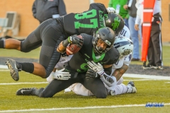 DENTON, TX - OCTOBER 28: North Texas Mean Green wide receiver Jalen Guyton (9) is brought down short of the goal line during the game between the North Texas Mean Green and Old Dominion Monarchs on October 28, 2017, at Apogee Stadium in Denton, Texas. (Photo by George Walker/DFWsportsonline)