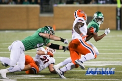 Denton, TX - November 11: North Texas Mean Green linebacker Colton McDonald (41) and defensive back Nate Brooks (9) during the game between the North Texas Mean Green and UTEP Miners (Photo by Mark Woods/DFWsportsonline)