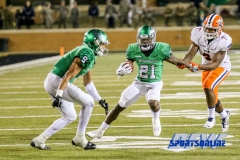 Denton, TX - November 11: North Texas Mean Green running back Nic Smith (21) with wide receiver Jalen Guyton (9) during the game between the North Texas Mean Green and UTEP Miners (Photo by Mark Woods/DFWsportsonline)