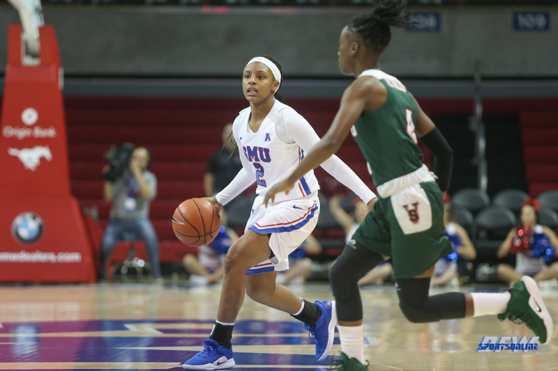 DALLAS, TX - NOVEMBER 12: Southern Methodist Mustangs guard Ariana Whitfield (2) brings the ball up court during the game between SMU and Mississippi Valley State on November 12, 2018 at Moody Coliseum in Dallas, TX. (Photo by George Walker/Icon Sportswire) DALLAS, TX - NOVEMBER 12: Southern Methodist Mustangs guard Ariana Whitfield (2) brings the ball up court during the game between SMU and Mississippi Valley State on November 12, 2018 at Moody Coliseum in Dallas, TX. (Photo by George Walker/Icon Sportswire)