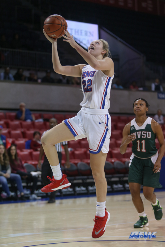 DALLAS, TX - NOVEMBER 12: Southern Methodist Mustangs forward Marie Olson (22) goes to the basket during the game between SMU and Mississippi Valley State on November 12, 2018 at Moody Coliseum in Dallas, TX. (Photo by George Walker/Icon Sportswire) DALLAS, TX - NOVEMBER 12: Southern Methodist Mustangs forward Marie Olson (22) goes to the basket during the game between SMU and Mississippi Valley State on November 12, 2018 at Moody Coliseum in Dallas, TX. (Photo by George Walker/Icon Sportswire)