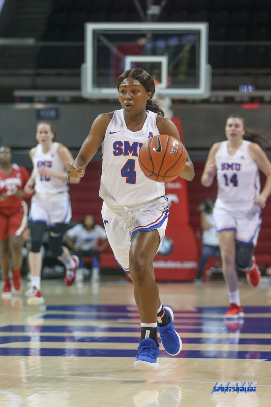 DALLAS, TX - NOVEMBER 15: Southern Methodist Mustangs guard Amber Bacon (4) brings the ball up court during the game between SMU and Alabama on November 15, 2018 at Moody Coliseum in Dallas, TX. (Photo by George Walker/DFWsportsonline)