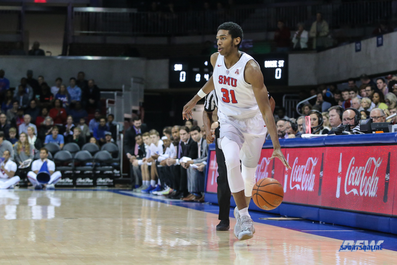 UNIVERSITY PARK, TX - DECEMBER 18: Southern Methodist Mustangs guard Jimmy Whitt (31) brings the ball up court during the game between SMU and Boise State on December 18, 2017, at Moody Coliseum in Dallas, TX. (Photo by George Walker/DFWsportsonline)