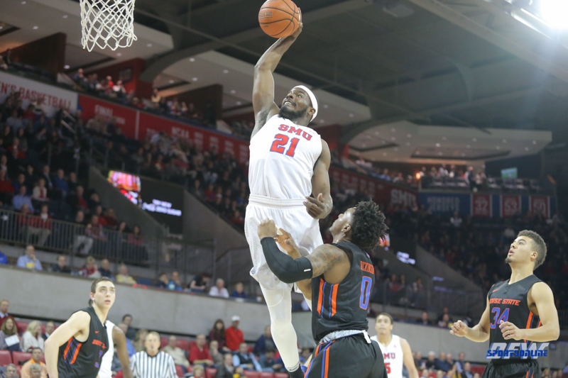 UNIVERSITY PARK, TX - DECEMBER 18: Southern Methodist Mustangs guard Ben Emelogu II (21) goes to the basket during the game between SMU and Boise State on December 18, 2017, at Moody Coliseum in Dallas, TX. (Photo by George Walker/DFWsportsonline)