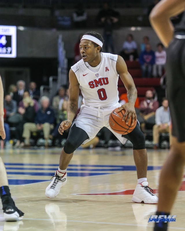 UNIVERSITY PARK, TX - DECEMBER 18: Southern Methodist Mustangs guard Jahmal McMurray (0) dribbles during the game between SMU and Boise State on December 18, 2017, at Moody Coliseum in Dallas, TX. (Photo by George Walker/DFWsportsonline)