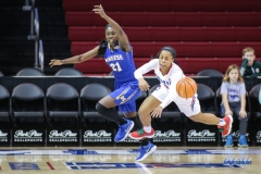 UNIVERSITY PARK, TX - DECEMBER 22: Southern Methodist Mustangs guard Kiara Perry (0) steals the ball from McNeese State Cowgirls forward Mercedes Rogers (21) during the women's game between SMU and McNeese State on December 22, 2017, at Moody Coliseum in Dallas, TX. (Photo by George Walker/Icon Sportswire)