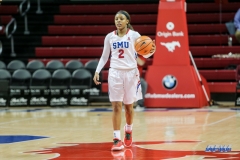 UNIVERSITY PARK, TX - DECEMBER 22: Southern Methodist Mustangs guard Ariana Whitfield (2) brings the ball up court during the women's game between SMU and McNeese State on December 22, 2017, at Moody Coliseum in Dallas, TX. (Photo by George Walker/Icon Sportswire)