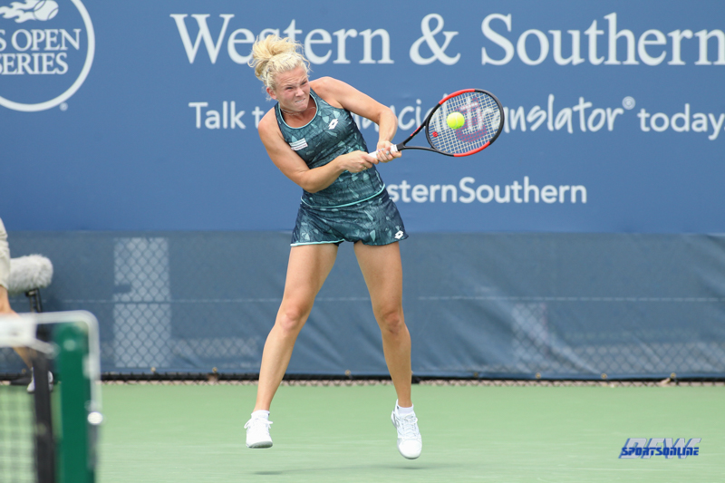 CINCINNATI, OH - AUGUST 14: Katerina Siniakova (CZE) hits a backhand during the Western & Southern Open at the Lindner Family Tennis Center in Mason, Ohio on August 14, 2017. (Photo by George Walker/Icon Sportswire)