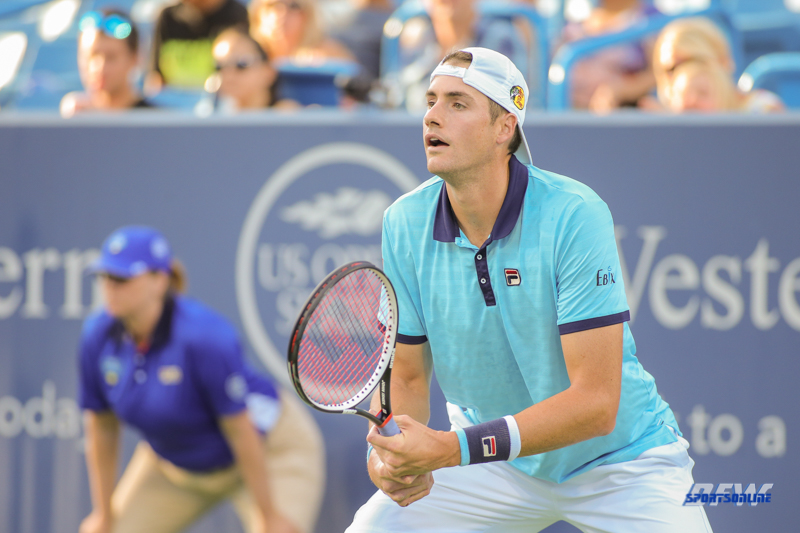 CINCINNATI, OH - John Isner (USA) receives serve during the Western & Southern Open at the Lindner Family Tennis Center in Mason, Ohio on August 13, 2017, (Photo by George Walker/DFWsportsonline
