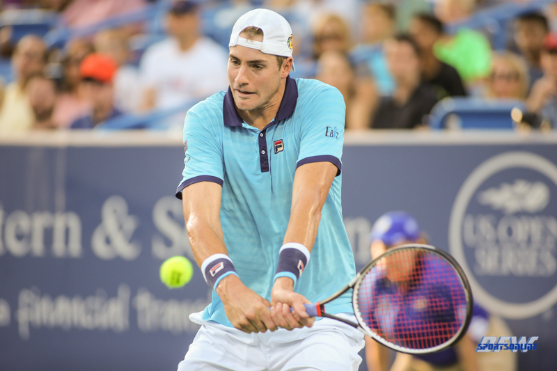 CINCINNATI, OH - John Isner (USA) hits a backhand during the Western & Southern Open at the Lindner Family Tennis Center in Mason, Ohio on August 13, 2017, (Photo by George Walker/DFWsportsonline