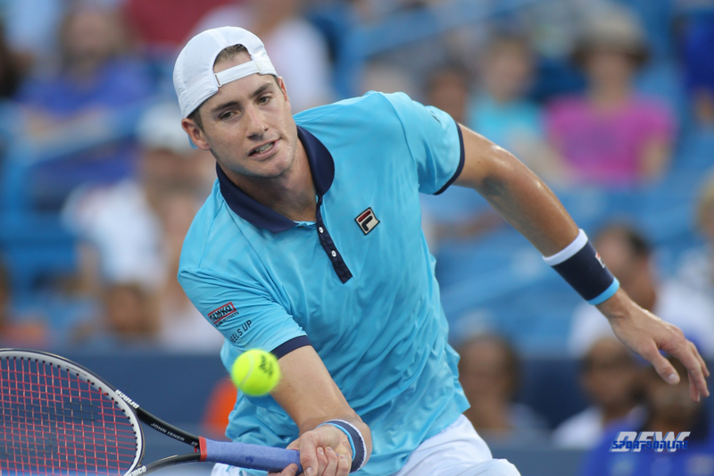 CINCINNATI, OH - John Isner (USA) hits a forehand volley during the Western & Southern Open at the Lindner Family Tennis Center in Mason, Ohio on August 13, 2017, (Photo by George Walker/DFWsportsonline