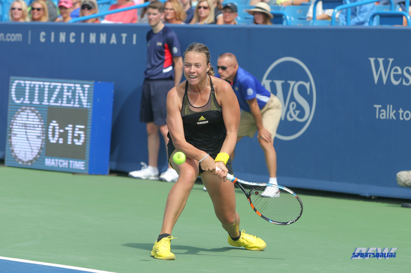 CINCINNATI, OH - AUGUST 14: Anett Kontaveit (EST) hits a backhand during the Western & Southern Open at the Lindner Family Tennis Center in Mason, Ohio on August 14, 2017. (Photo by George Walker/Icon Sportswire)