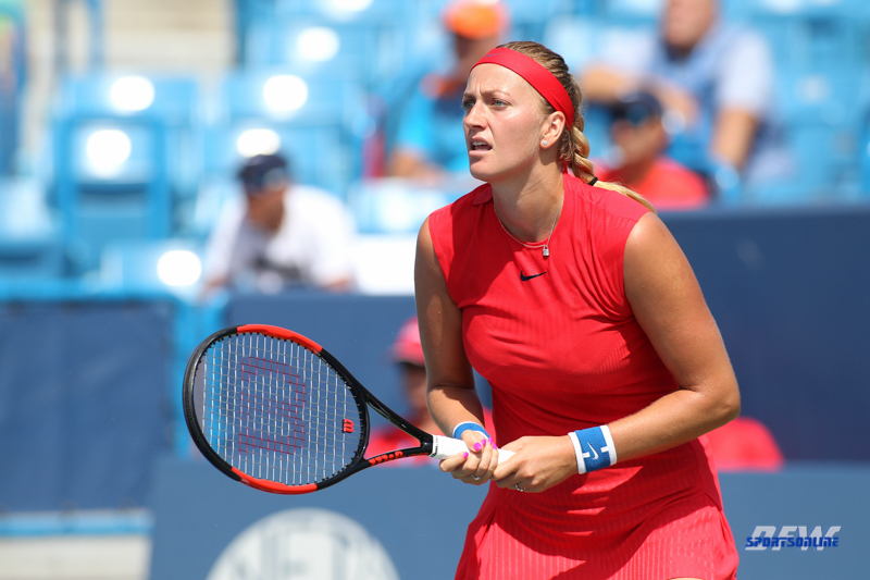 CINCINNATI, OH - AUGUST 14: Petra Kvitova (CZE) watches her shot during the Western & Southern Open at the Lindner Family Tennis Center in Mason, Ohio on August 14, 2017. (Photo by George Walker/Icon Sportswire)