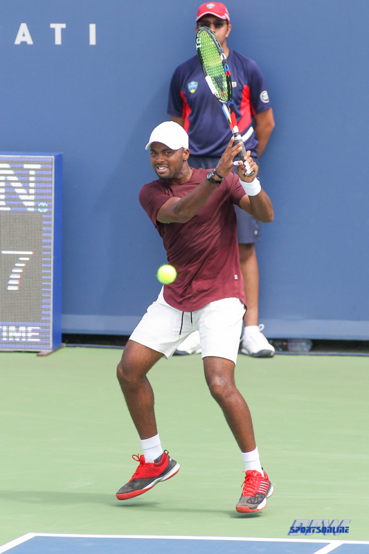 CINCINNATI, OH - AUGUST 14: Donald Young (USA) hits a backhand during the Western & Southern Open at the Lindner Family Tennis Center in Mason, Ohio on August 14, 2017. (Photo by George Walker/Icon Sportswire)