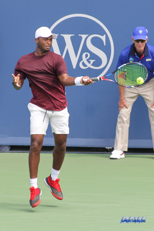 CINCINNATI, OH - AUGUST 14: Donald Young (USA) hits a forehand during the Western & Southern Open at the Lindner Family Tennis Center in Mason, Ohio on August 14, 2017. (Photo by George Walker/Icon Sportswire)