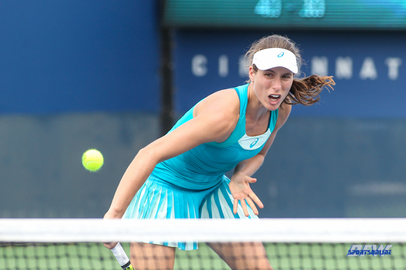 CINCINNATI, OH - AUGUST 14: Johanna Konta (GBR) hits a volley during the Western & Southern Open at the Lindner Family Tennis Center in Mason, Ohio on August 14, 2017. (Photo by George Walker/Icon Sportswire)
