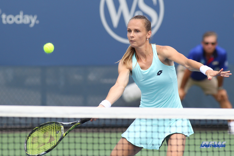CINCINNATI, OH - AUGUST 14: Magdalena Rybarikova (SVK) hits a volley during the Western & Southern Open at the Lindner Family Tennis Center in Mason, Ohio on August 14, 2017. (Photo by George Walker/Icon Sportswire)