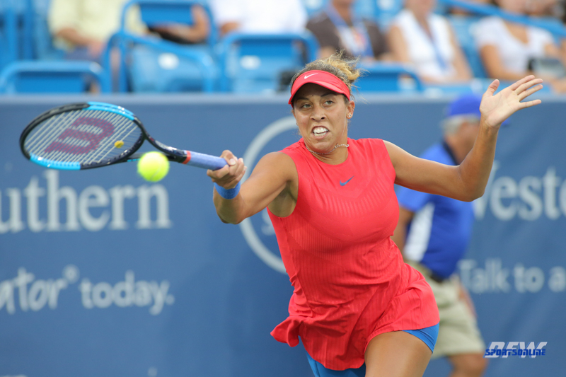 CINCINNATI, OH - AUGUST 14: Madison Keys (USA) hits a forehand during the Western & Southern Open at the Lindner Family Tennis Center in Mason, Ohio on August 14, 2017. (Photo by George Walker/Icon Sportswire)