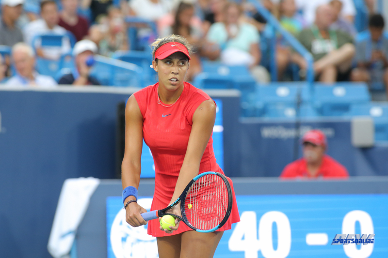 CINCINNATI, OH - AUGUST 14: Madison Keys (USA) prepards to serve during the Western & Southern Open at the Lindner Family Tennis Center in Mason, Ohio on August 14, 2017. (Photo by George Walker/Icon Sportswire)