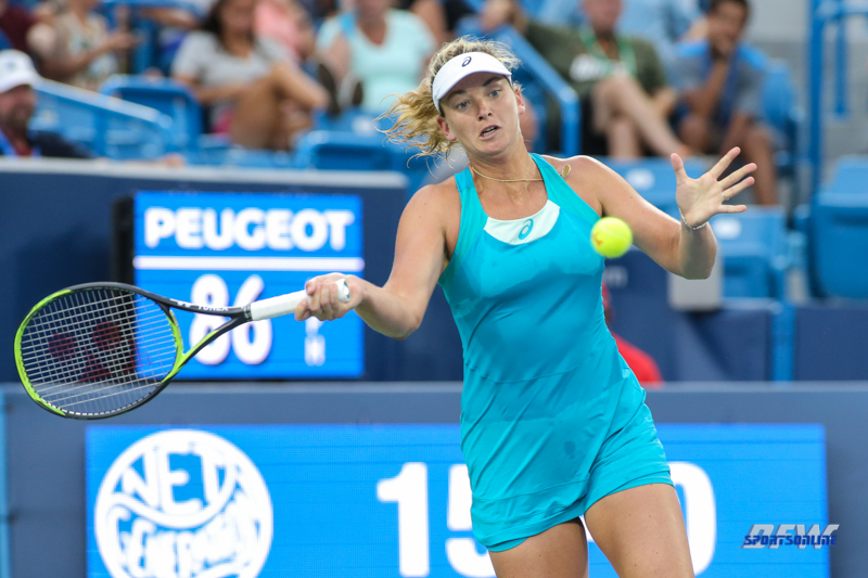 CINCINNATI, OH - AUGUST 14: CoCo Vandeweghe (USA) hits a forehand during the Western & Southern Open at the Lindner Family Tennis Center in Mason, Ohio on August 14, 2017. (Photo by George Walker/Icon Sportswire)