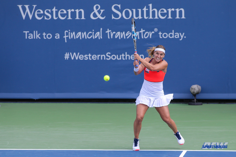 CINCINNATI, OH - AUGUST 15: Dominika Cibulkova (SVK) hits a backhand during the Western & Southern Open at the Lindner Family Tennis Center in Mason, Ohio on August 14, 2017. (Photo by George Walker/Icon Sportswire)