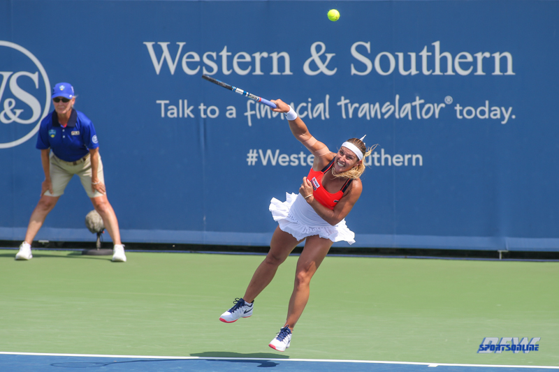 CINCINNATI, OH - AUGUST 15: Dominika Cibulkova (SVK) serves during the Western & Southern Open at the Lindner Family Tennis Center in Mason, Ohio on August 14, 2017. (Photo by George Walker/Icon Sportswire)