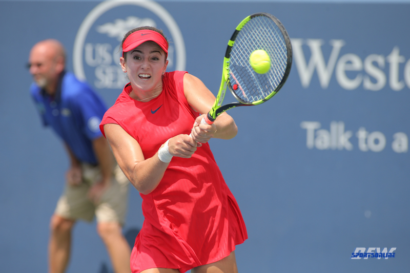 CINCINNATI, OH - AUGUST 15: CiCi Bellis (USA) hits a backhand during the Western & Southern Open at the Lindner Family Tennis Center in Mason, Ohio on August 15, 2017. (Photo by George Walker/Icon Sportswire)
