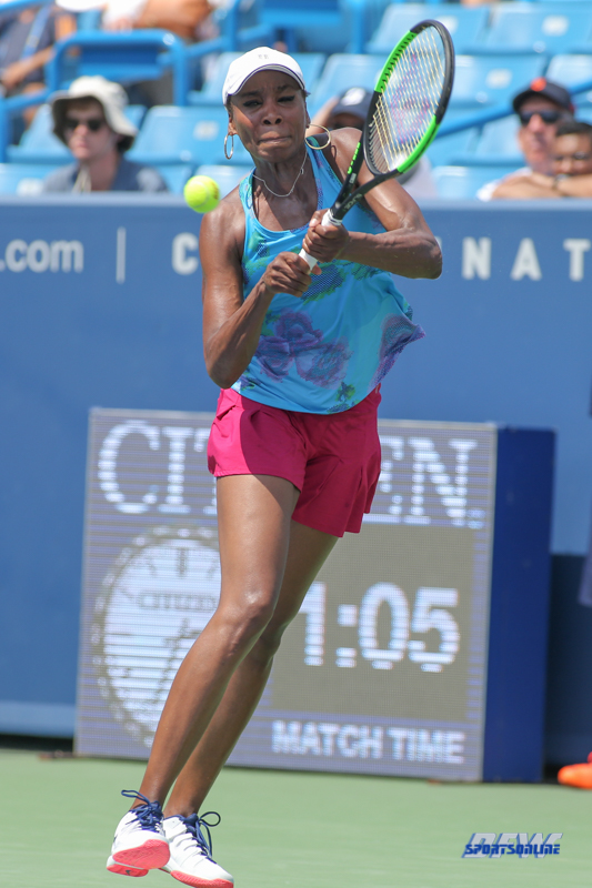CINCINNATI, OH - AUGUST 15: Venus Williams (USA) hits a backhand during the Western & Southern Open at the Lindner Family Tennis Center in Mason, Ohio on August 15, 2017. (Photo by George Walker/Icon Sportswire)