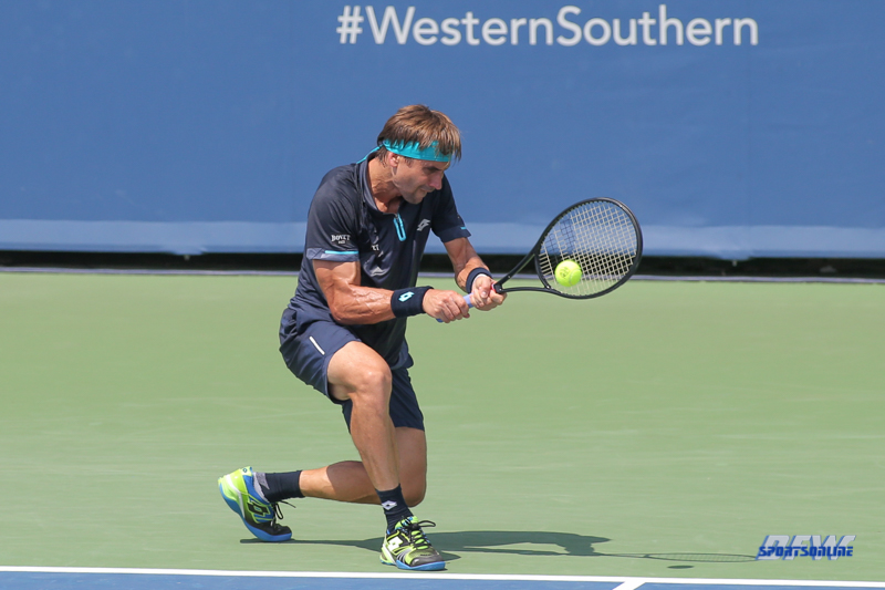 CINCINNATI, OH - AUGUST 15: David Ferrer (ESP) hits a backhand during the Western & Southern Open at the Lindner Family Tennis Center in Mason, Ohio on August 15, 2017. (Photo by George Walker/Icon Sportswire)