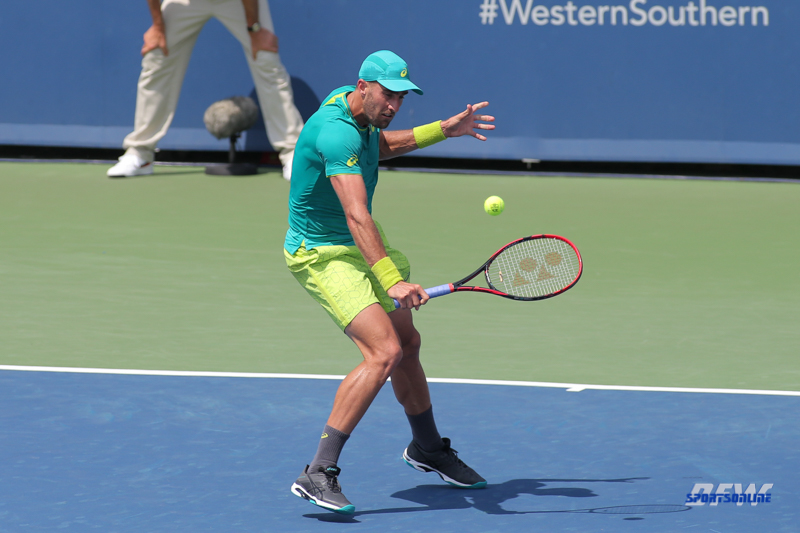 CINCINNATI, OH - AUGUST 15: Steve Johnson (USA) hits a backhand during the Western & Southern Open at the Lindner Family Tennis Center in Mason, Ohio on August 15, 2017. (Photo by George Walker/Icon Sportswire)