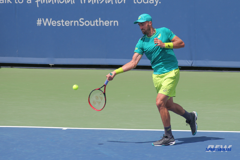 CINCINNATI, OH - AUGUST 15: Steve Johnson (USA) hits a forehand during the Western & Southern Open at the Lindner Family Tennis Center in Mason, Ohio on August 15, 2017. (Photo by George Walker/Icon Sportswire)