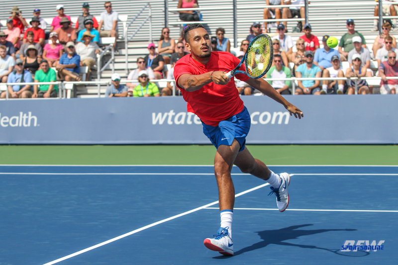 CINCINNATI, OH - AUGUST 15: Nick Kyrgios hits a forehand during the Western & Southern Open at the Lindner Family Tennis Center in Mason, Ohio on August 15, 2017. (Photo by George Walker/Icon Sportswire)
