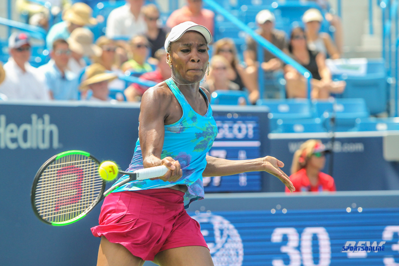 CINCINNATI, OH - AUGUST 15: Venus Williams (USA) hits a forehand during the Western & Southern Open at the Lindner Family Tennis Center in Mason, Ohio on August 15, 2017. (Photo by George Walker/Icon Sportswire)