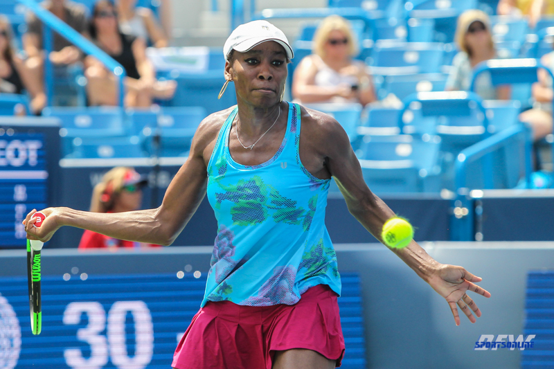 CINCINNATI, OH - AUGUST 15: Venus Williams (USA) hits a forehand during the Western & Southern Open at the Lindner Family Tennis Center in Mason, Ohio on August 15, 2017. (Photo by George Walker/Icon Sportswire)
