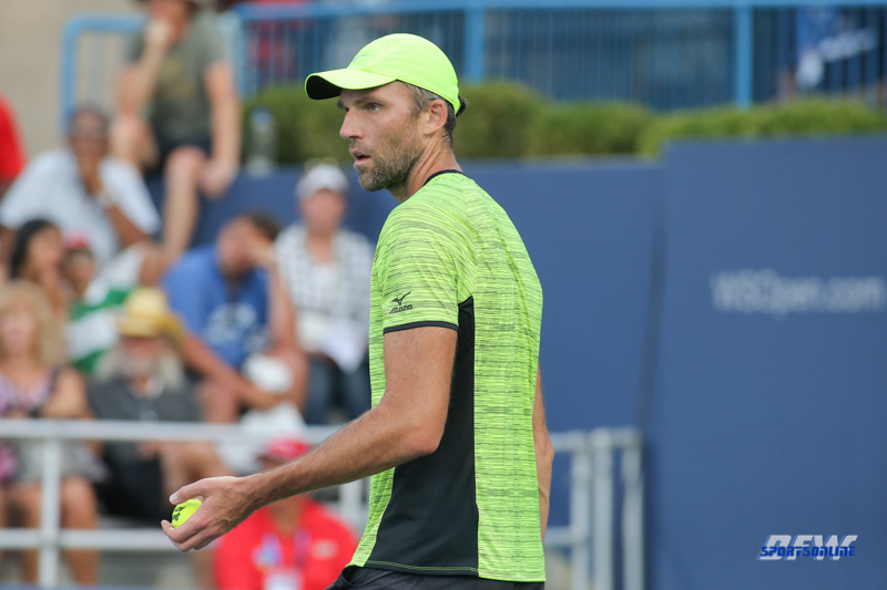CINCINNATI, OH - AUGUST 15: Ivo Karlovic (CRO) prepares to serve during the Western & Southern Open at the Lindner Family Tennis Center in Mason, Ohio on August 15, 2017. (Photo by George Walker/Icon Sportswire)