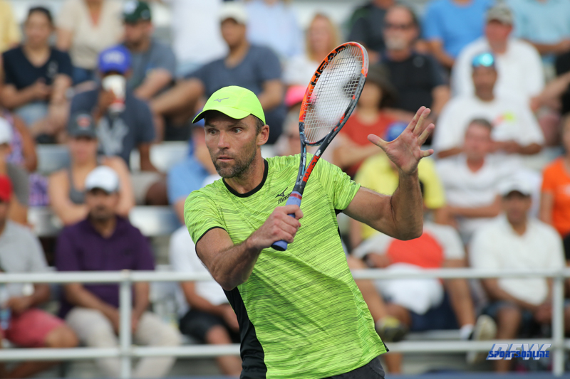 CINCINNATI, OH - AUGUST 15: Ivo Karlovic (CRO) hits a forehand during the Western & Southern Open at the Lindner Family Tennis Center in Mason, Ohio on August 15, 2017. (Photo by George Walker/Icon Sportswire)