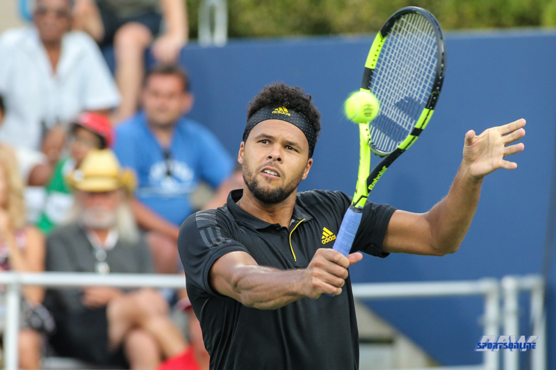 CINCINNATI, OH - AUGUST 15: Jo-Wilfried Tsonga (FRA) hits a backhand during the Western & Southern Open at the Lindner Family Tennis Center in Mason, Ohio on August 15, 2017. (Photo by George Walker/Icon Sportswire)