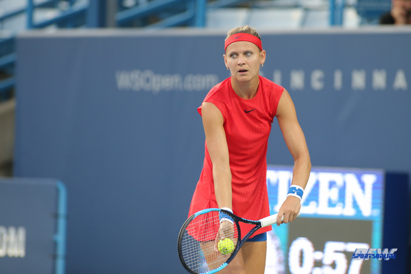 CINCINNATI, OH - AUGUST 15: Lucie Safarova (CZE) prepares to serve during the Western & Southern Open at the Lindner Family Tennis Center in Mason, Ohio on August 15, 2017. (Photo by George Walker/Icon Sportswire)